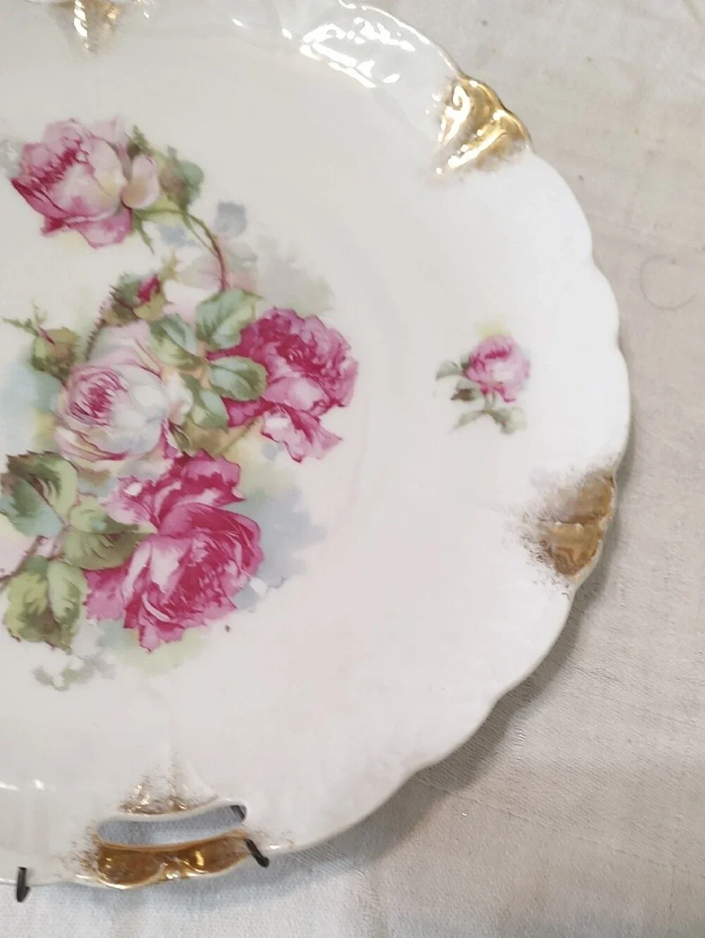 Beautiful White Porcelain Serving Plates with Pink Rose and Gold Trim And hanger
